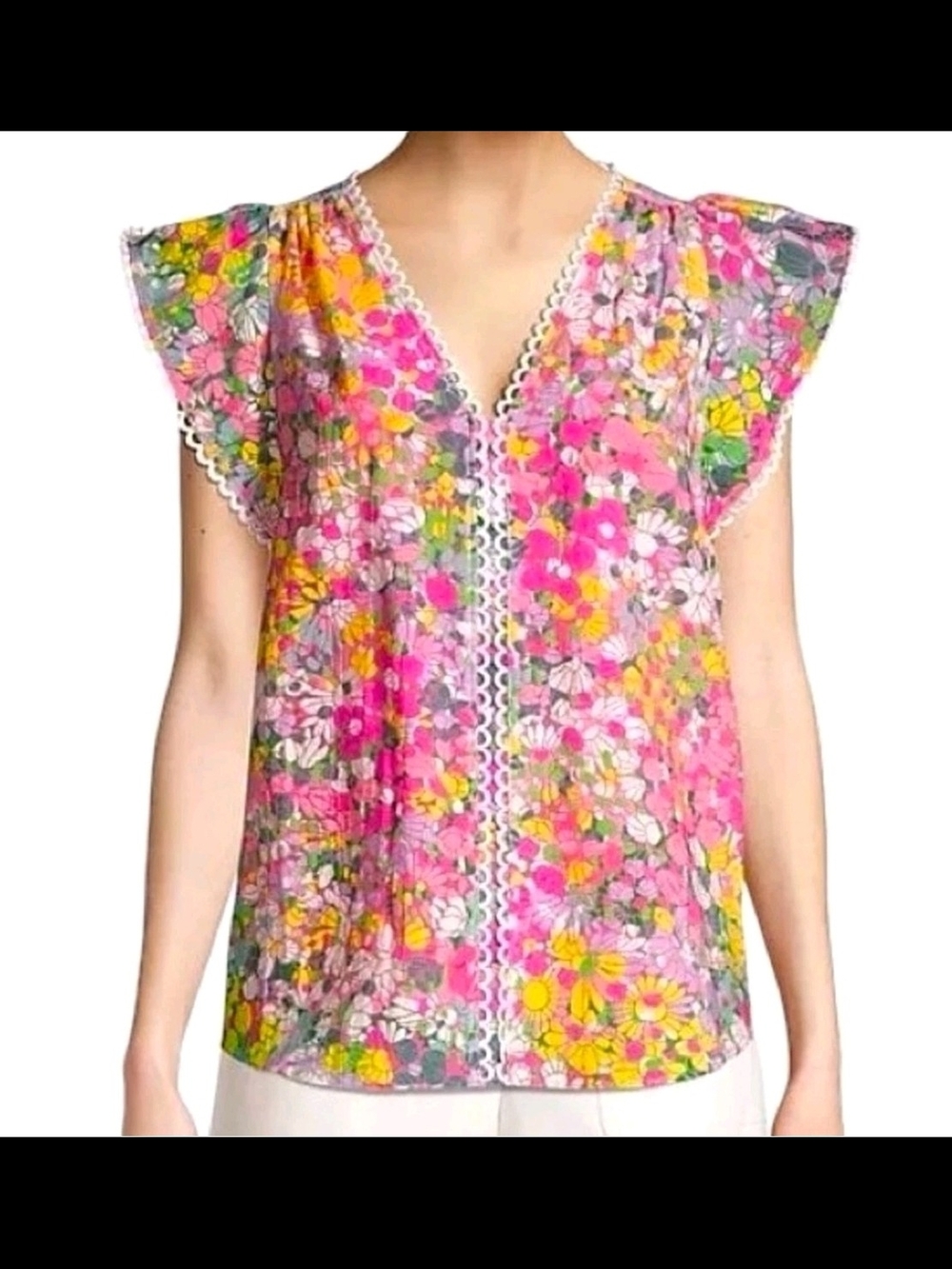 kate spade Pink Multicolor Floral V-Neck Flutter Sleeve Blouse